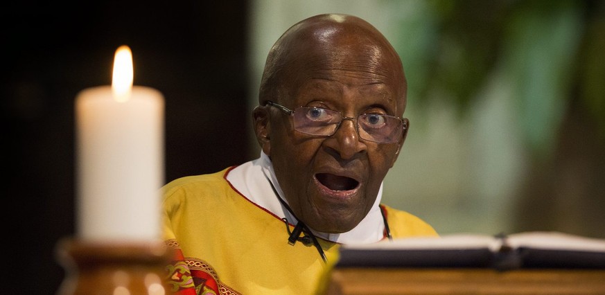 epa05574178 Nobel Peace Laureate Archbishop Emeritus Desmond Tutu reacts during a church service in celebration of his 85th birthday at St. Georges Cathedral in Cape Town, South Africa, 07 October 201 ...
