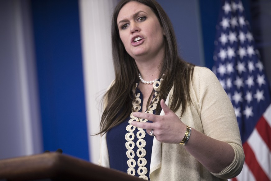 epa05955658 White House Deputy Press Secretary Sarah Huckabee Sanders responds to a question from the news media during the daily press briefing in the Brady Press Briefing Room at the White House in  ...