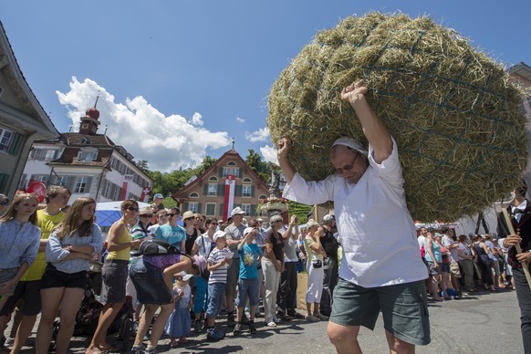 Ein Aelpler mit Heu beim grossen Festumzug anlaesslich des 60. Zentralschweizerischen Jodlerfestes mit rund 3500 Jodlerinnen und Jodlern, Alphornblaesern und Fahnenschwingern, am Sonntag, 28. Juni 201 ...