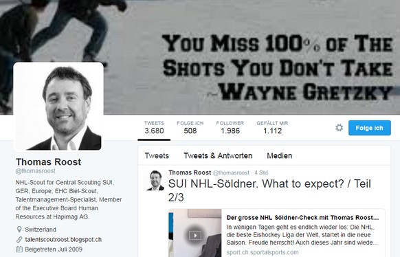 Das Twitter-Profil von Thomas Roost mit dem Gretzky-Zitat.