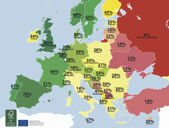 100 % bedeutet vollständige Gleichstellung sowie umfassende Menschenrechte, 0 % krasse Diskriminierung. Die Schweiz liegt bei 29 Prozent.