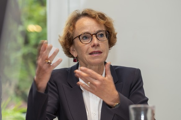 Regierungsraetin Eva Herzog spricht an einer Medienkonferenz zu ihrer Staenderatskandidatur in Basel am Montag, 12. August 2019. (KEYSTONE/Georgios Kefalas)