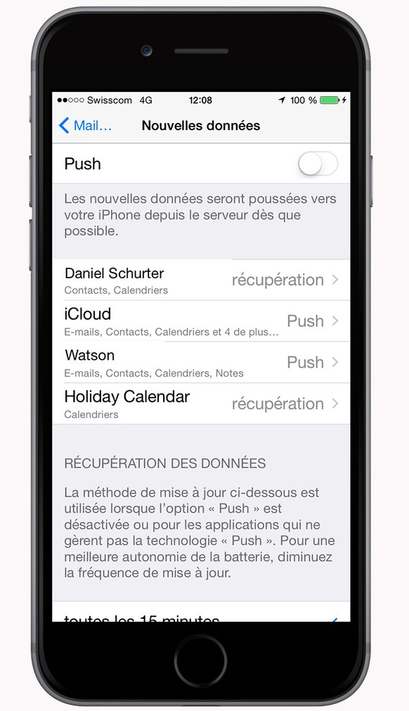 &gt; Mail, Contacts, Calendrier &gt; Nouvelles données​.