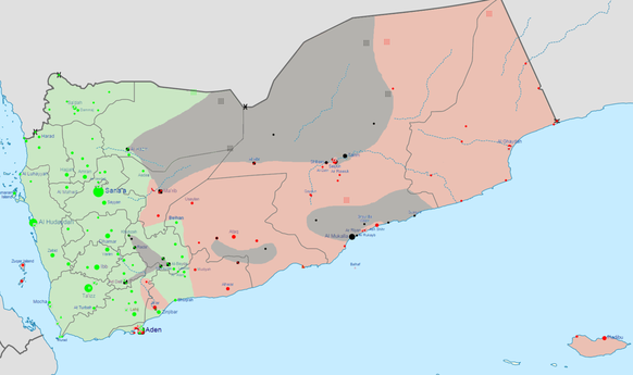 Situation in Jemen: grün: Von Huthi-Rebellen kontrolliert, grau:&nbsp;Al-Kaida, rot:&nbsp;Von der Regierung kontrolliert.