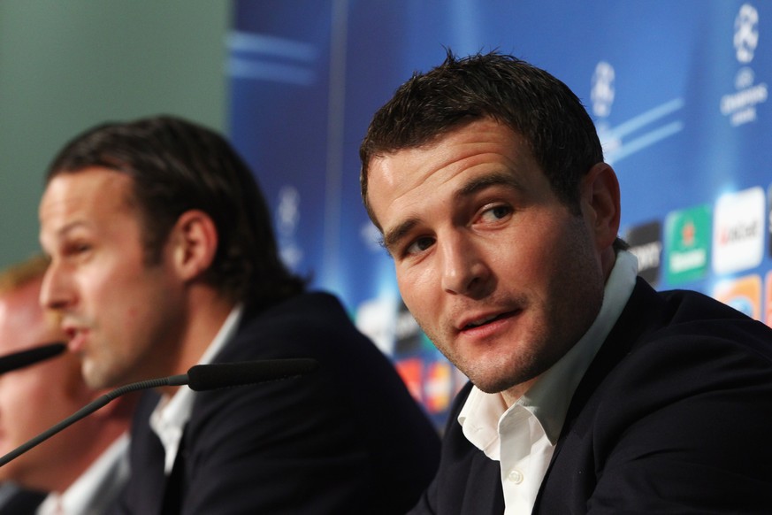 MUNICH, GERMANY - MARCH 12: Alexander Frei (front) and Marco Streller attend a FC Basel press conference ahead of their UEFA Champions League Round of 16 second leg match against FC Bayern Muenchen at ...