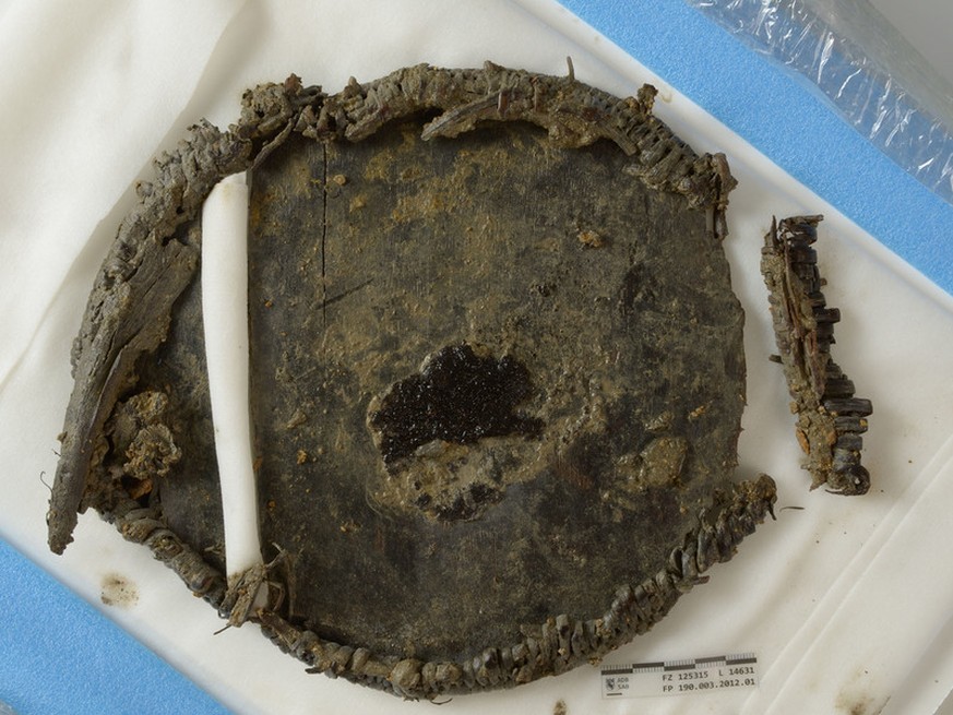 Ungewöhnliches Relikt: Auf dem Boden einer Holzbox aus der Bronzezeit wurden Reste von Getreide entdeckt (dunkler Fleck in der Mitte). Ausserdem fand man Teile des Randes, die darauf hindeuten, dass d ...