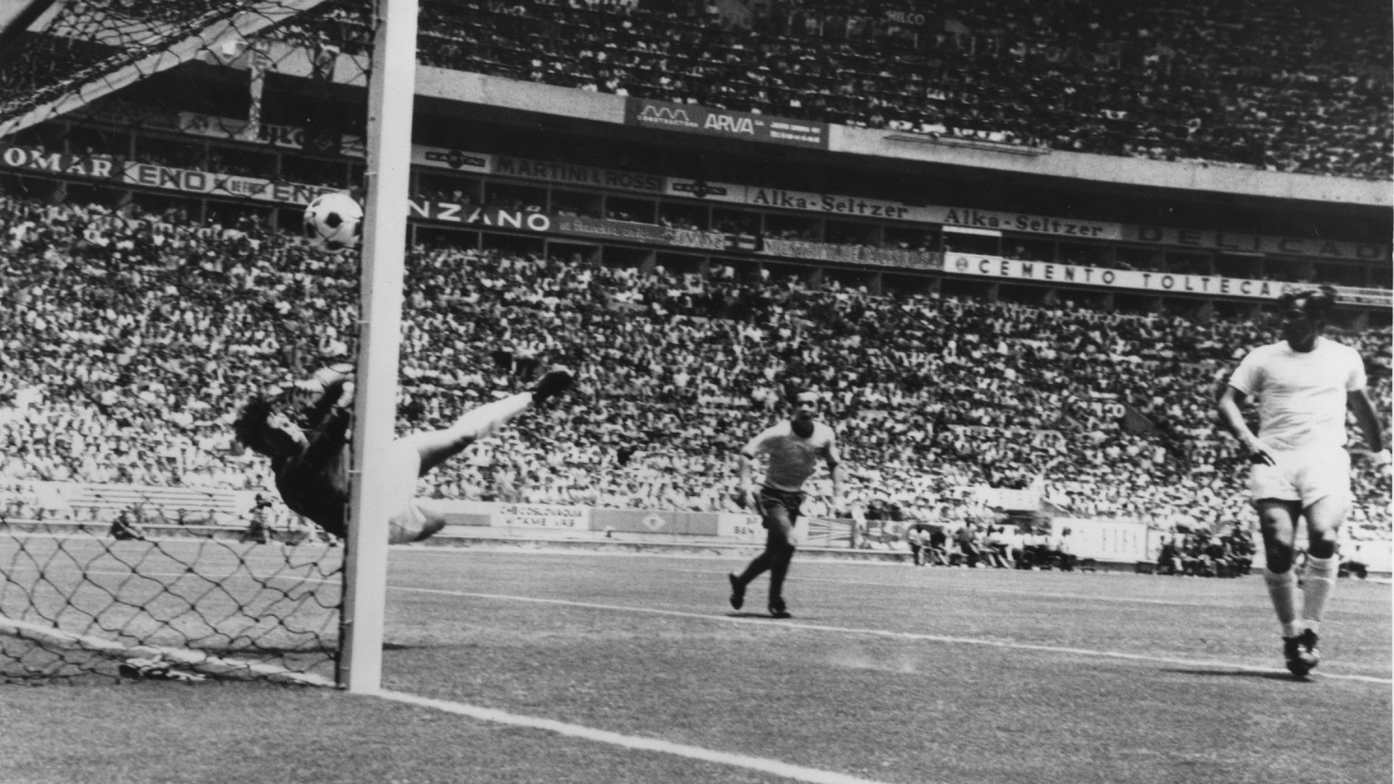 England goalkeeper Gordon Banks makes a remarkable save from a header by Pele of Brazil during their first round match in the World Cup at Guadalajara, Mexico, June 1970. Brazil went on to win 1-0. Ma ...