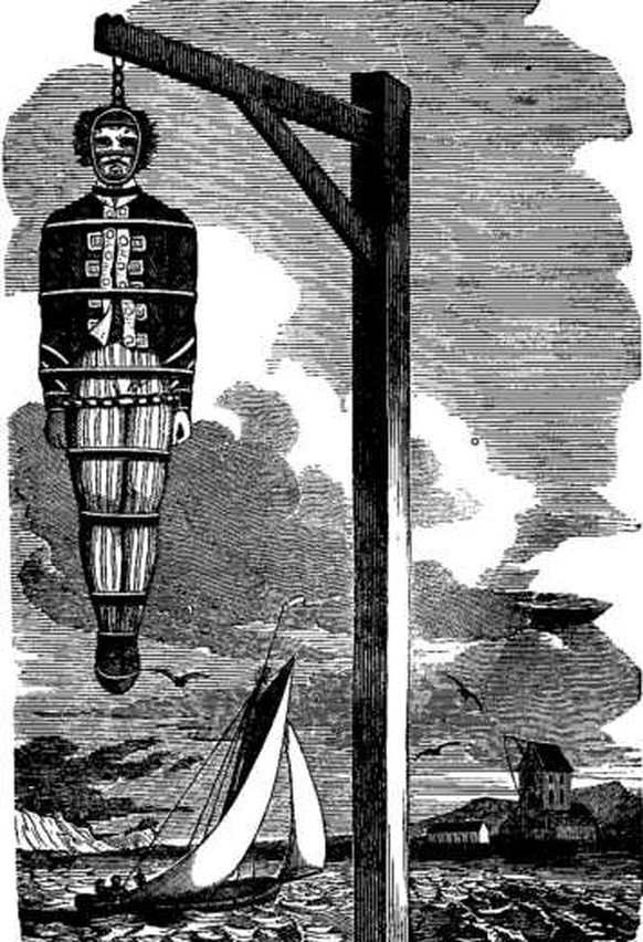 Nicht cool: Der Pirat Captain Kidd hängt am eisernen Galgen, engl. «Gibbet Irons», Kupferstich aus dem 17. Jahrhundert.