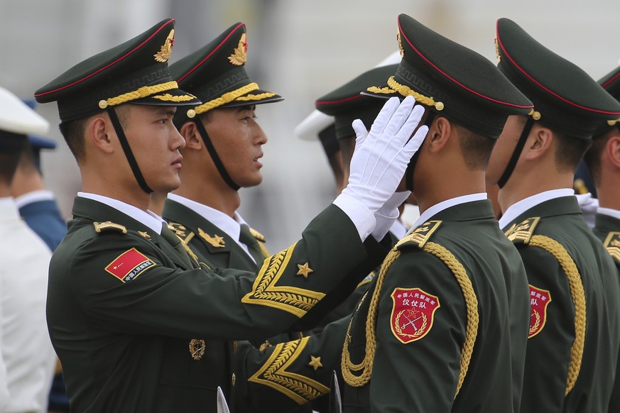 Chinese People&#039;s Liberation Army honor guard prepare for the arrival of Brazilian President Michel Temer at Xiamen Gaoqi International Airport, ahead of upcoming BRICS Summit in Xiamen, China&#03 ...