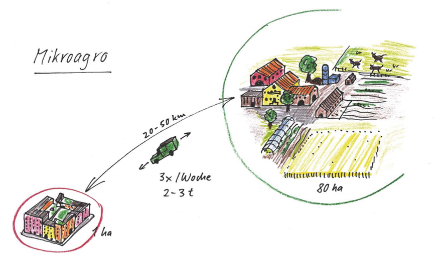 Im roten Kreis: Nachbarschaft inklusive Mikrozentrum. Im grünen Kreis: Agrozentrum.