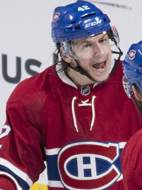 Montreal Canadiens&#039; Alex Galchenyuk (27) celebrates with teammate Sven Andrighetto (42) after scoring against the Buffalo Sabres during the second period of an NHL hockey game Thursday, March 10, ...