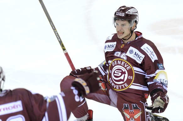 Le joueur Genevois, Noah Rod, laisse eclater sa joie, lors du match du championnat suisse de hockey sur glace de National League LNA, entre le Geneve Servette HC et le HC Ambri-Piotta, ce vendredi 11  ...