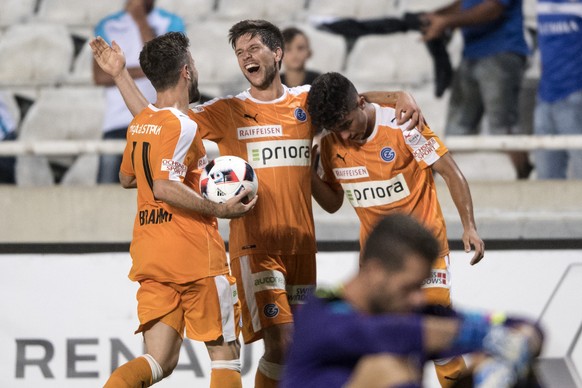 Mergim Brahimi, Benjamin Luethi, and Nikola Gjorgjev, from left, of GC celebrate the goal during the UEFA Europa League third qualifying round soccer match between Apollon Limassol (Cyprus) and Grassh ...