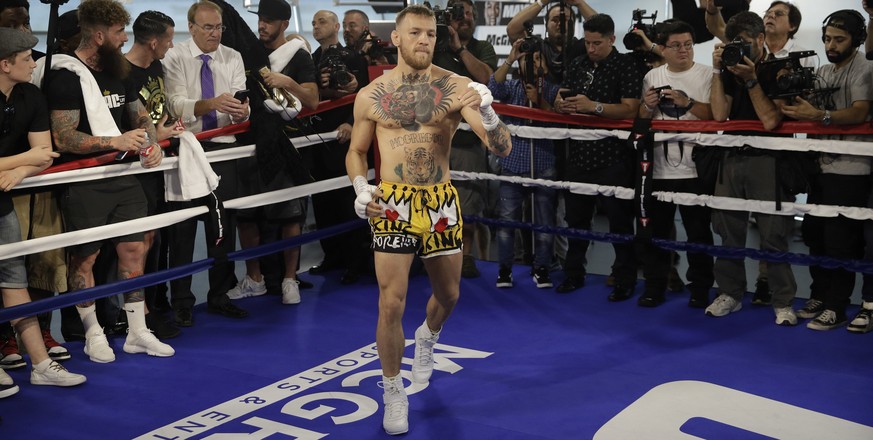 Conor McGregor trains during a workout in front of the media, Friday, Aug. 11, 2017, in Las Vegas. McGregor is scheduled to fight Floyd Mayweather Jr. in a boxing match Aug. 26 in Las Vegas. (AP Photo ...