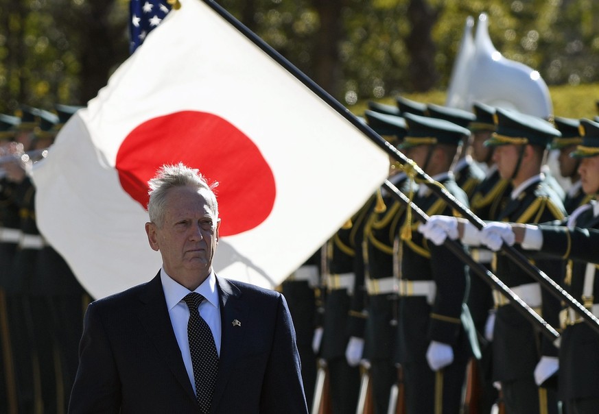 epa05769855 US Secretary of Defense James Mattis reviews the honor guard prior to a meeting with Japanese Defense Minister Tomomi Inada at the defense ministry in Tokyo, Japan, 04 February 2017. Matti ...