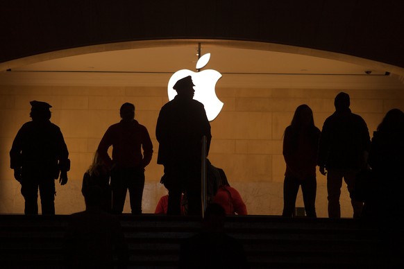 A police officer is silhouetted against the Apple logo in Grand Central Terminal in the Manhattan borough of New York January 13, 2015. REUTERS/Carlo Allegri/File Photo