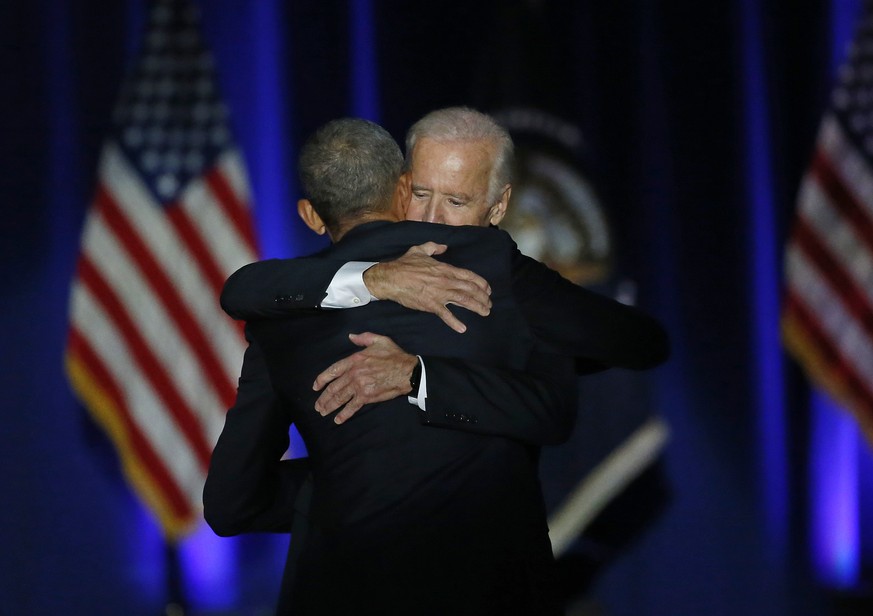 President Barack Obama hugs Vice President Joe Biden after giving his presidential farewell address at McCormick Place in Chicago, Tuesday, Jan. 10, 2017. (AP Photo/Charles Rex Arbogast)