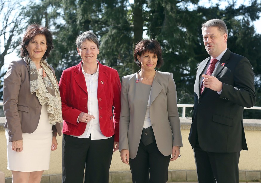 Marlies Amann-Marxer (Liechtenstein), Barbara Hendricks (Deutschland), Doris Leuthard und Andrae Rupprechter (Österreich) beim Treffen in Bonn.