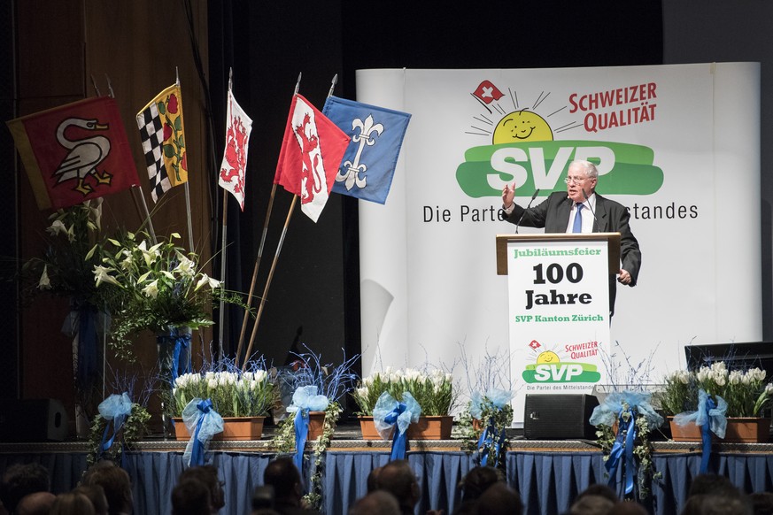 Alt Bundesrat Christoph Blocher spricht anlaesslich des 100-Jahr-Jubilaeum der SVP Zuerich, aufgenommen am Sonntag, 19. Maerz 2017, in Zuerich. (KEYSTONE/Ennio Leanza)