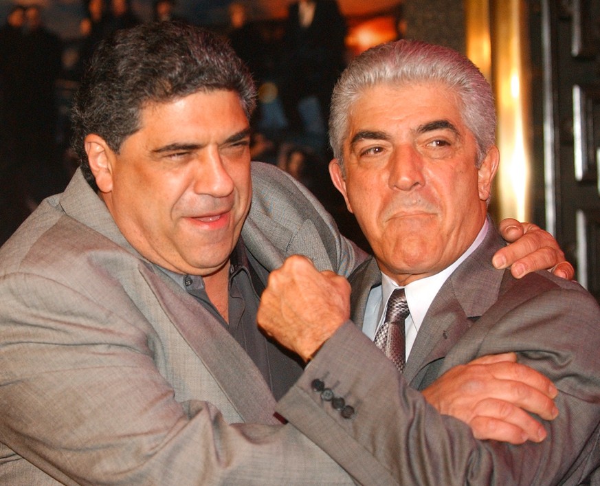 FILE - In this March 2, 2004 file photo, actors Vincent Pastore, left, and Frank Vincent rough around for photographers at the fifth season premiere of the HBO series &quot;The Sopranos,&quot; at New  ...