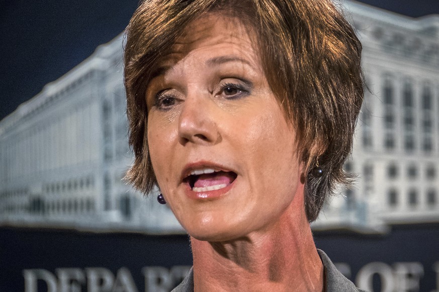 FILE - In this June 28, 2016, file photo, then-Deputy Attorney General Sally Yates speaks at the Justice Department in Washington. On Monday, Jan. 30, 2017, President Donald Trump fired acting Attorne ...
