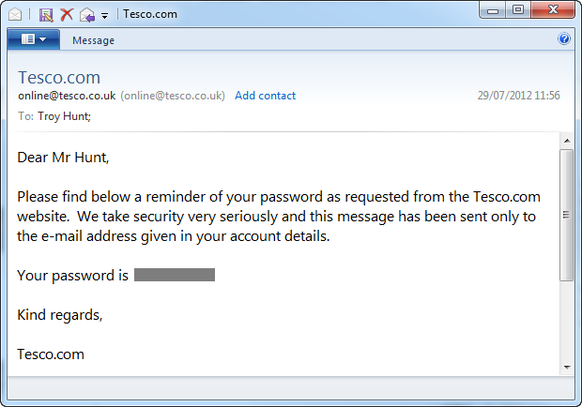 Tesco mailte Kunden, die ihr Kennwort vergessen hatten, das bisherige Passwort im Klartext zu.
