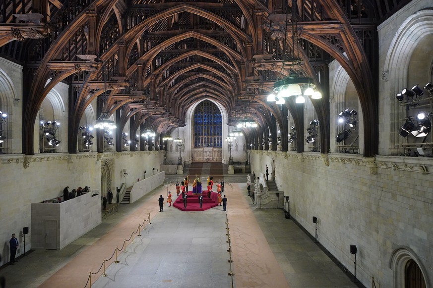 The photo shows an empty Westminster Hall at the Palace of Westminster in London at 06:31am Monday, Sept. 19, 2022 after the final members of the public paid their respects at the coffin of Queen Eliz ...