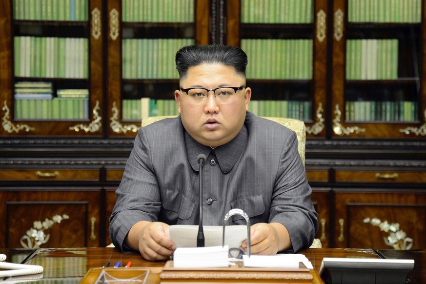 FILE - In this Thursday, Sept. 21, 2017, file photo distributed by the North Korean government, North Korean leader Kim Jong Un delivers a statement in response to U.S. President Donald Trump&#039;s s ...