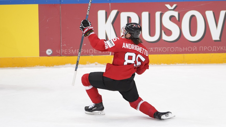 Switzerland&#039;s Sven Andrighetto celebrates his goal after he scored the 1-0, during the IIHF 2016 World Championship preliminary round game between Switzerland and Sweden, at the Ice Palace, in Mo ...