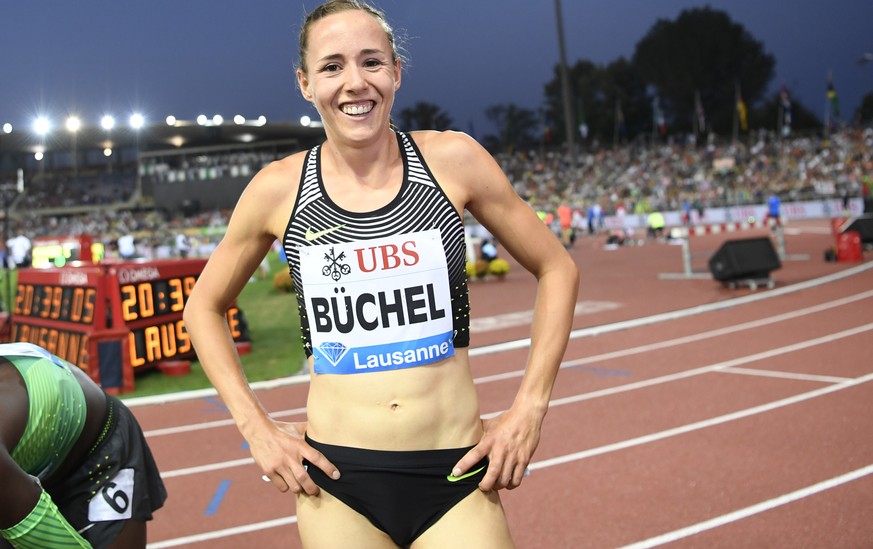 Selina Buechel from Switzerland reacts after the women&#039;s 800m race at the Athletissima IAAF Diamond League international athletics meeting in the Stade Olympique de la Pontaise in Lausanne, Switz ...