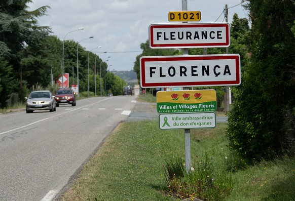 The entrance sign to Fleurance, the home of missing 11-year-old Lyhanna, in southwestern France, Friday June 5, 2026. (AP Photo/Frederic Lancelot)
France Missing Girl