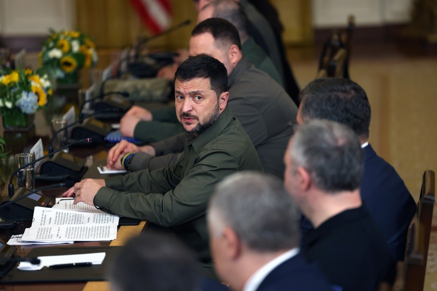 epa10875886 Ukrainian President Volodymyr Zelensky makes remarks as he and United States President Joe Biden (not pictured) hold an expanded bilateral meeting in the East Room of the White House in Wa ...