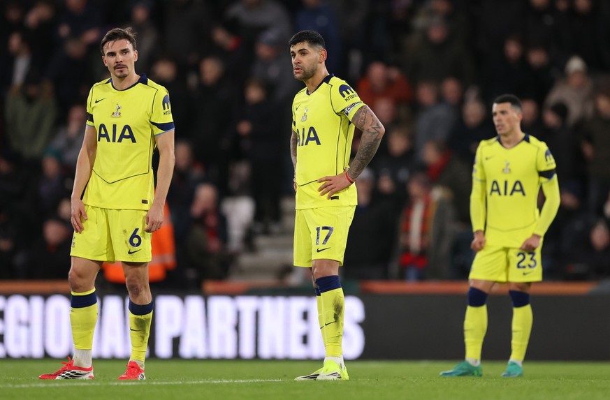 BOURNEMOUTH, ENGLAND - JANUARY 07: Joao Paulhinha and Cristian Romero of Tottenham Hotspur stand dejected during the Premier League match between Bournemouth and Tottenham Hotspur at Vitality Stadium  ...