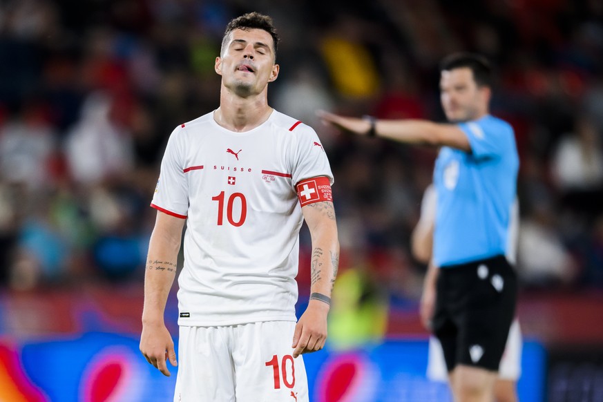 Switzerland&#039;s midfielder Granit Xhaka reacts during the UEFA Nations League group A2 soccer match between Czech Republic and Switzerland at the Eden Arena, Sinobo Stadium, in Prague, Czech Republ ...