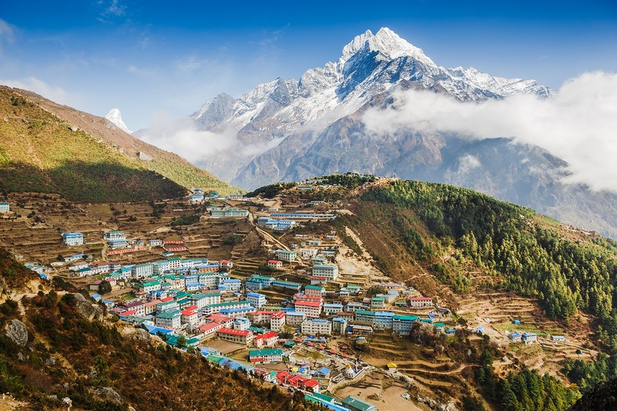 Ansicht auf Namche Bazar, Bezirk Khumbu, Himalaya, Nepal