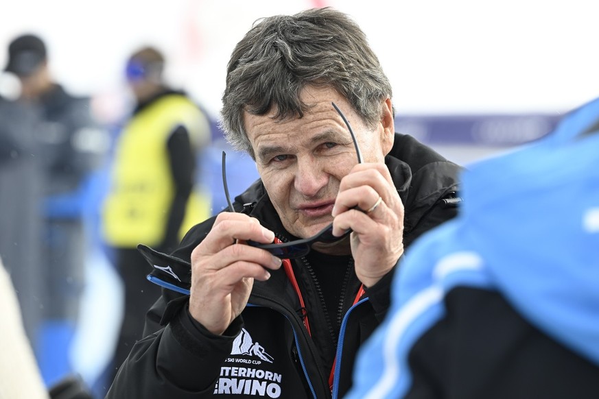 Franz Julen, president of the organizing committee, reacts after the women&#039;s downhill race on the new ski course &quot;Gran Becca&quot; was cancelled due to strong winds, at the Alpine Skiing FIS ...