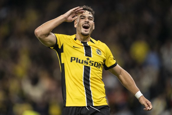 YB&#039;s Filip Ugrinic celebrates his goal by penalty to 3:2 during the Uefa Champions League playoff soccer match between Switzerland?s BSC Young Boys and Turkey?s Galatasaray Istanbul, at the Wankd ...