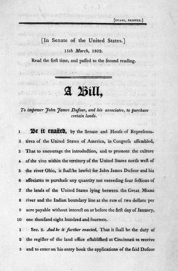 Demande de John James Dufour au Sénat américain pour l’achat de terres au nord-ouest de la rivière Ohio, 1802.
https://www.loc.gov/resource/rbpe.22601700/?sp=1&amp;st=image