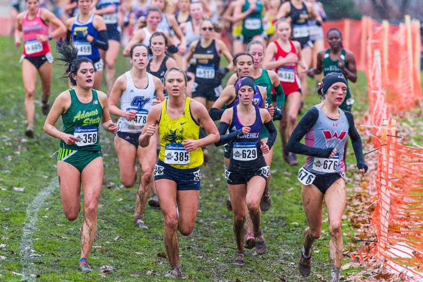 PITTSBURGH, PA - DECEMBER 01: The pack makes its way around a very muddy and well-trodden course while a cold rain comes down overhead at the Division II Women's Cross Country Championship held a ...