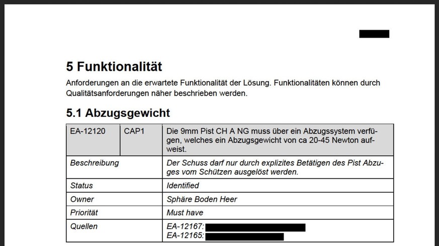 Screenshot aus einem Armee-internen Dokument zur Beschaffung der neuen Armeepistole.