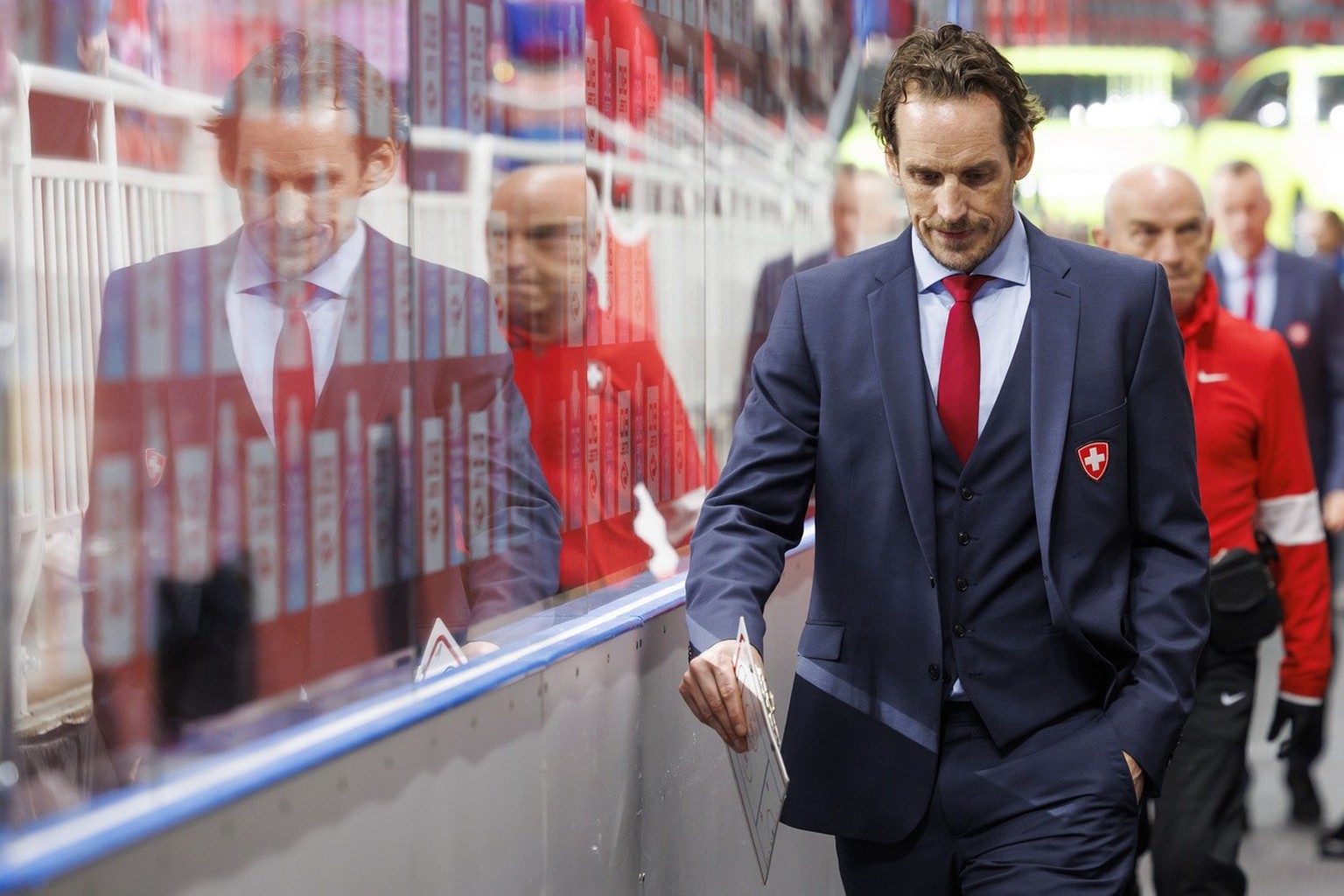 Patrick Fischer, head coach of Switzerland national ice hockey team, returns to cloak room, during the IIHF 2023 World Championship preliminary round group B game between Norway and Switzerland, at th ...