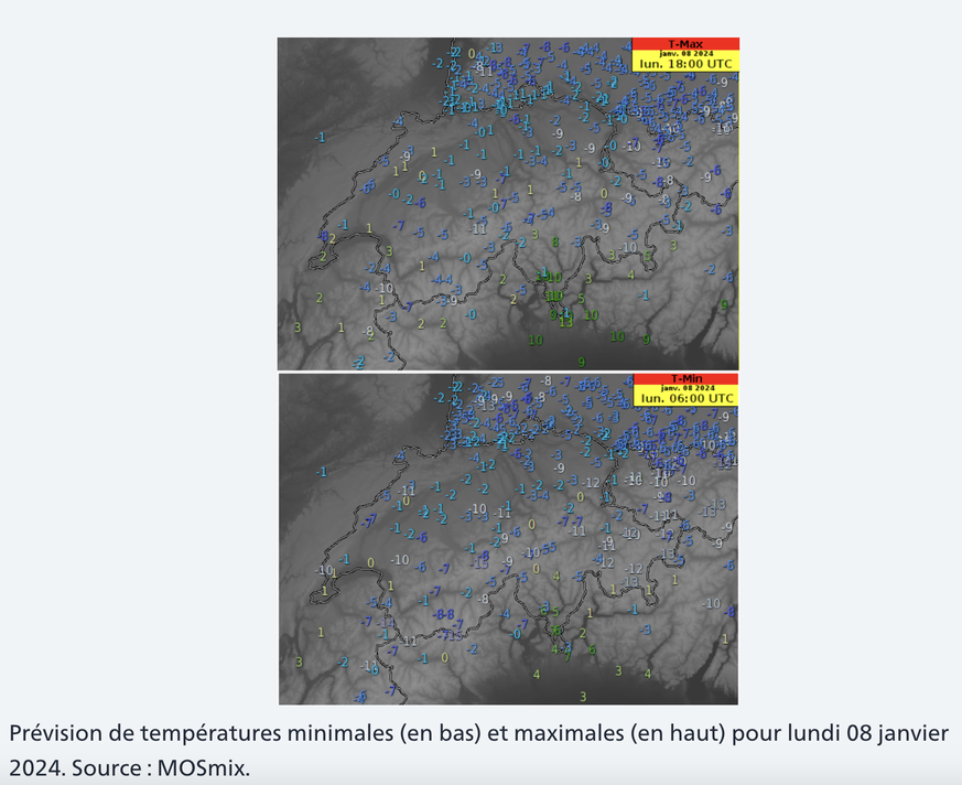 Les températures prévues en Suisse pour le lundi 8 janvier 2024.
