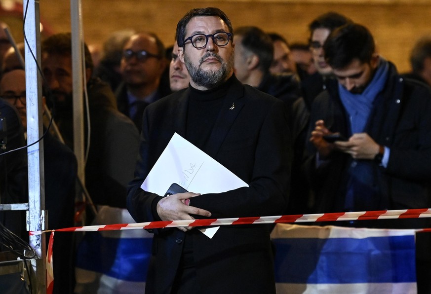 epa11012411 Italian deputy Prime Minister and Minister of Infrastructure and Transport Matteo Salvini attends a demonstration against antisemitism, in Rome, Italy, 05 December 2023. Thousands of Israe ...