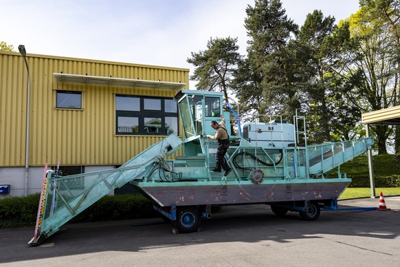 Le bateau zurichois "Seekuh", le navire faucardeur, bateau specialise dans la coupe et la recolte de la vegetation aquatique envahissante est visible chez son nouveau proprietaire, la statio ...