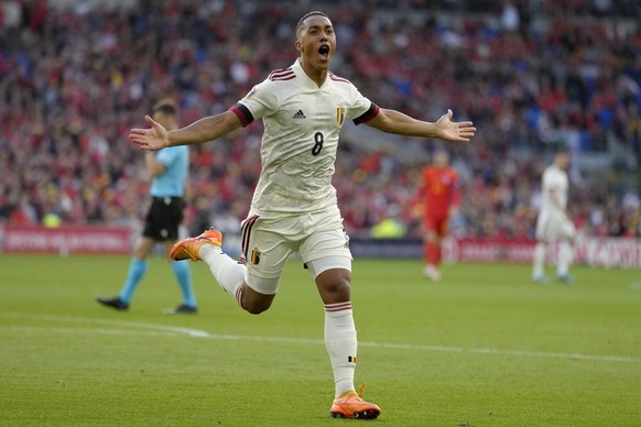 Belgium&#039;s Youri Tielemans celebrates scoring his side&#039;s first goal during the UEFA Nations League soccer match between Wales and Belgium at the Cardiff City stadium in Cardiff, Wales, Saturd ...