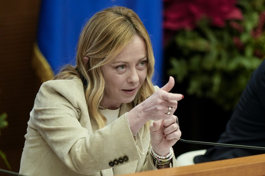 Italian Premier Giorgia Meloni answers journalists&#039; questions during her year end press conference, in Rome, Thursday, Jan. 4, 2024. (AP Photo/Andrew Medichini)