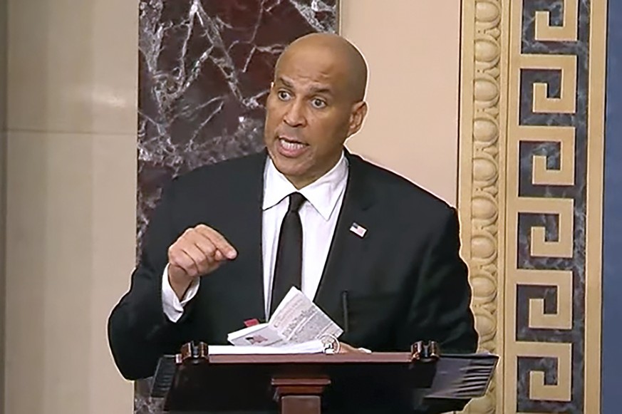 In this image provided by Senate Television, Sen, Cory Booker, D-N.J. speaks on the Senate floor, Tuesday morning, April 1, 2025. (Senate Television via AP)
Booker Senate Speech