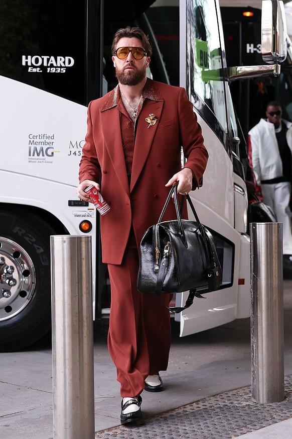 NEW ORLEANS, LOUISIANA - FEBRUARY 09: Travis Kelce (87) of the Kansas City Chiefs arrives prior to Super Bowl LIX against the Philadelphia Eagles at Caesars Superdome on February 09, 2025, in New Orle ...