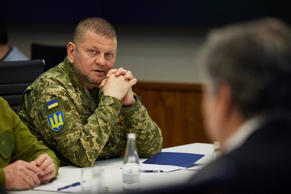 Apr 24, 2022, Kyiv, Ukraine - Ukrainian Commander-in-Chief of Ukraine Armed Forces VALERIY ZALUZHNYI, left, attends a face-to-face meeting with U.S. Secretary of State Blinken, and U.S. Secretary of D ...