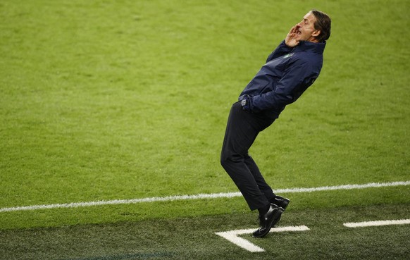 Italy&#039;s manager Roberto Mancini reacts during the Euro 2020 soccer championship final between England and Italy at Wembley stadium in London, Sunday, July 11, 2021. (John Sibley/Pool Photo via AP ...